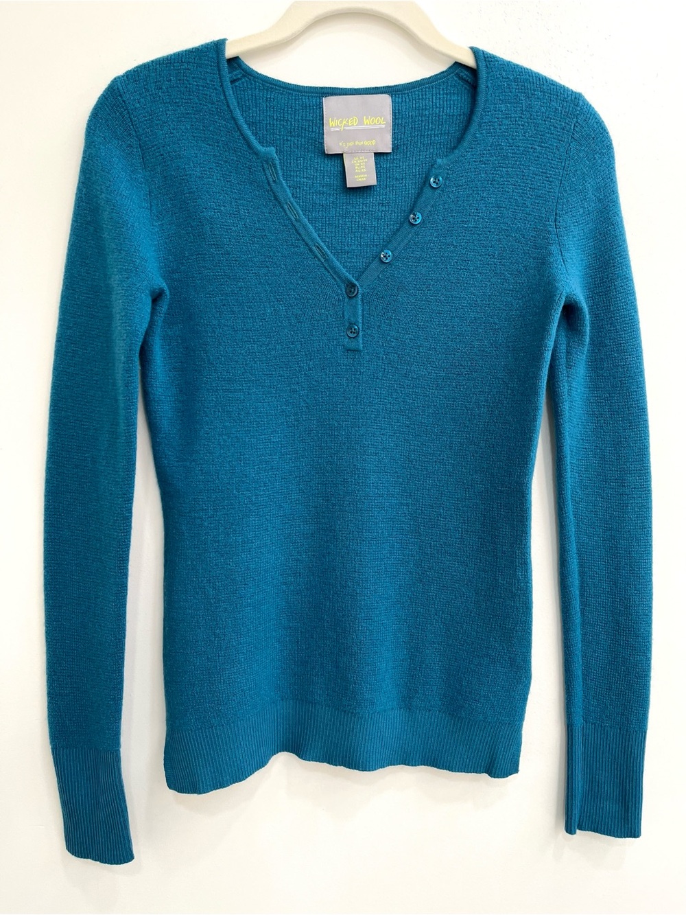 WICKED WOOL Blue 100% Extra Fine Merino Wool Henley Sweater Size XS